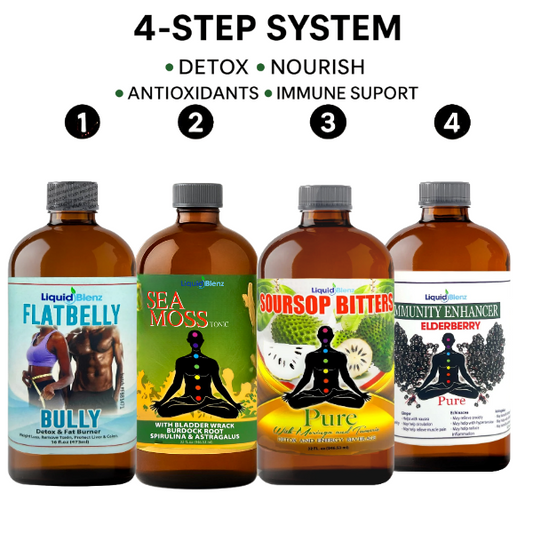 Liquid Blenz 4-Step Detox & Cleanse Bundle – Flat Belly Bully, Sea Moss Tonic, Soursop Bitters & Immunity Enhancer