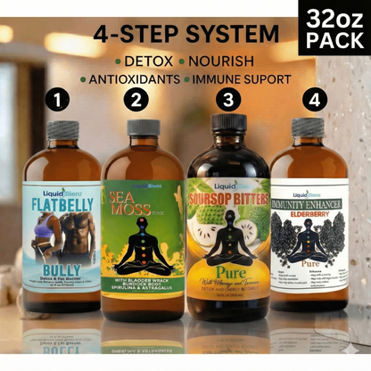 Four bottles of Liquid Belly products with labels for Flat Belly, Sea Moss, Soursop Bitters, and Immunity Enhancer on a blurred background.